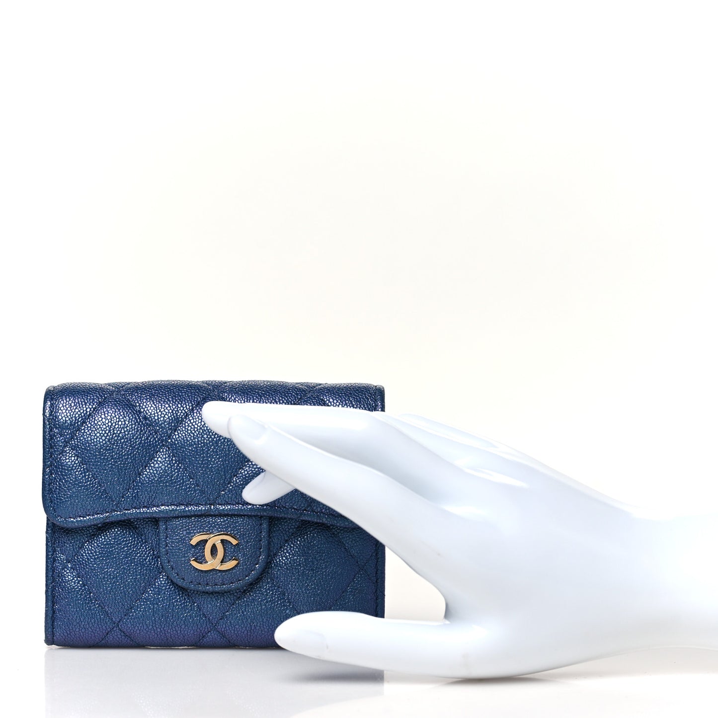 Iridescent Caviar Flap Quilted Card Holder Wallet Dark Blue