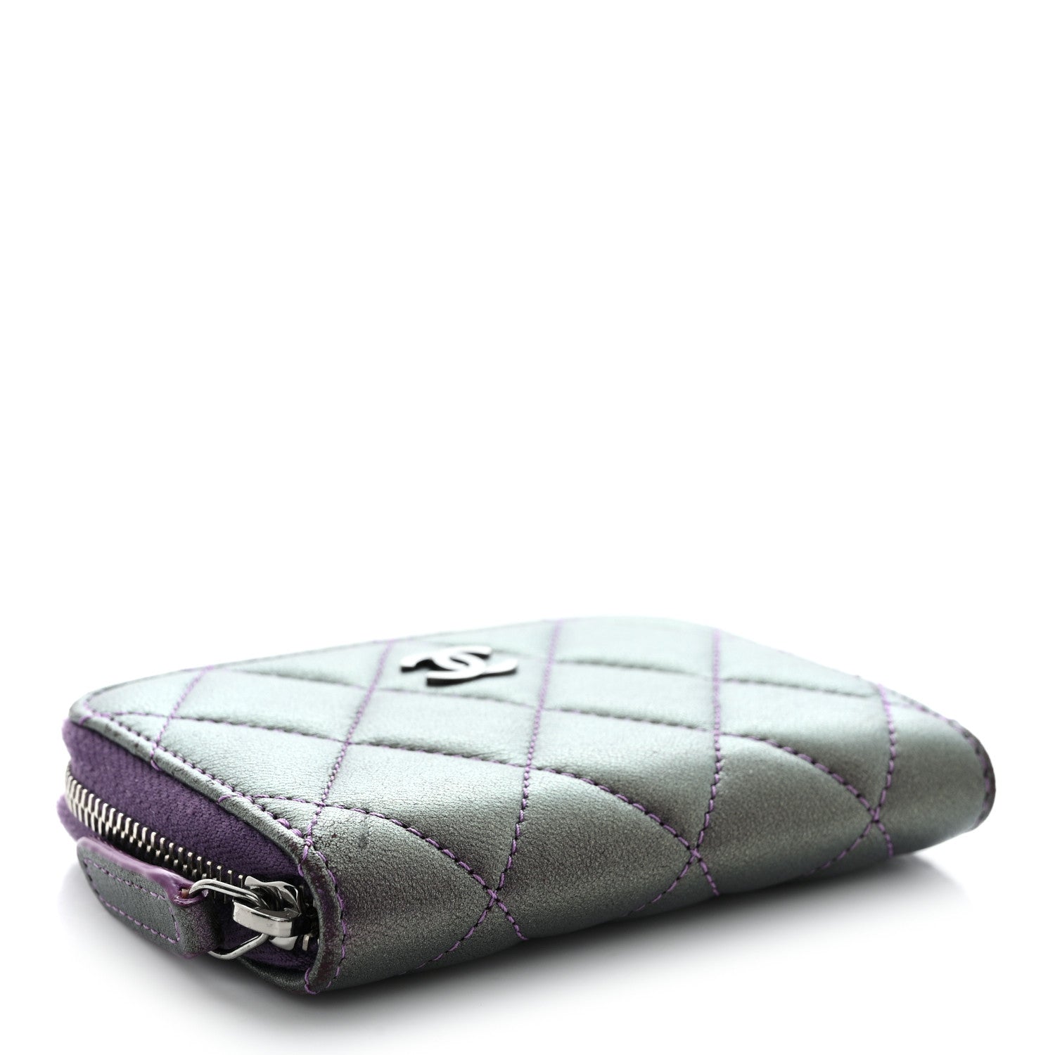 Chanel Metallic Lambskin Quilted Zip Around Coin Purse Wallet Purple 4 of 13