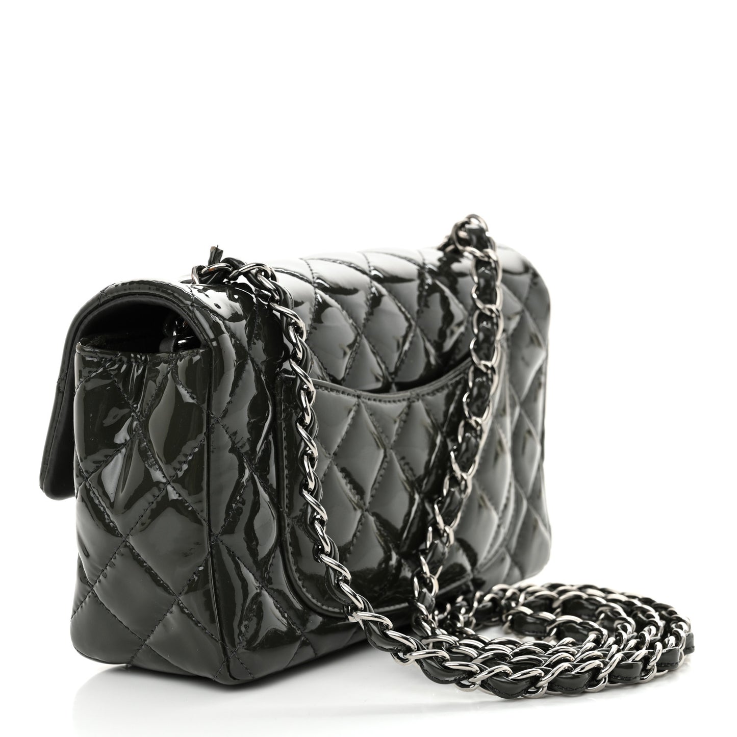 Patent Calfskin Quilted Mini Rectangular Flap Grey