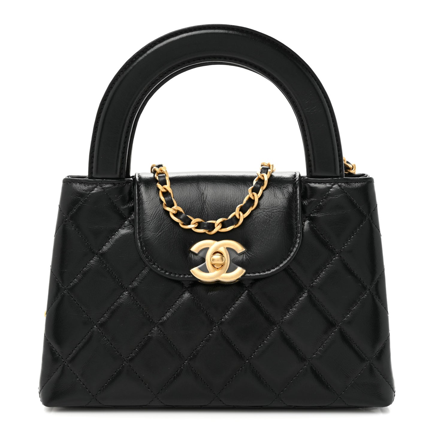 Shiny Aged Calfskin Quilted Nano Kelly Shopper Black