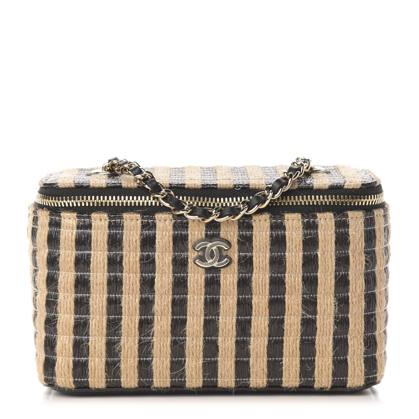 Raffia Jute Striped Small Vanity Case With Chain Black Beige