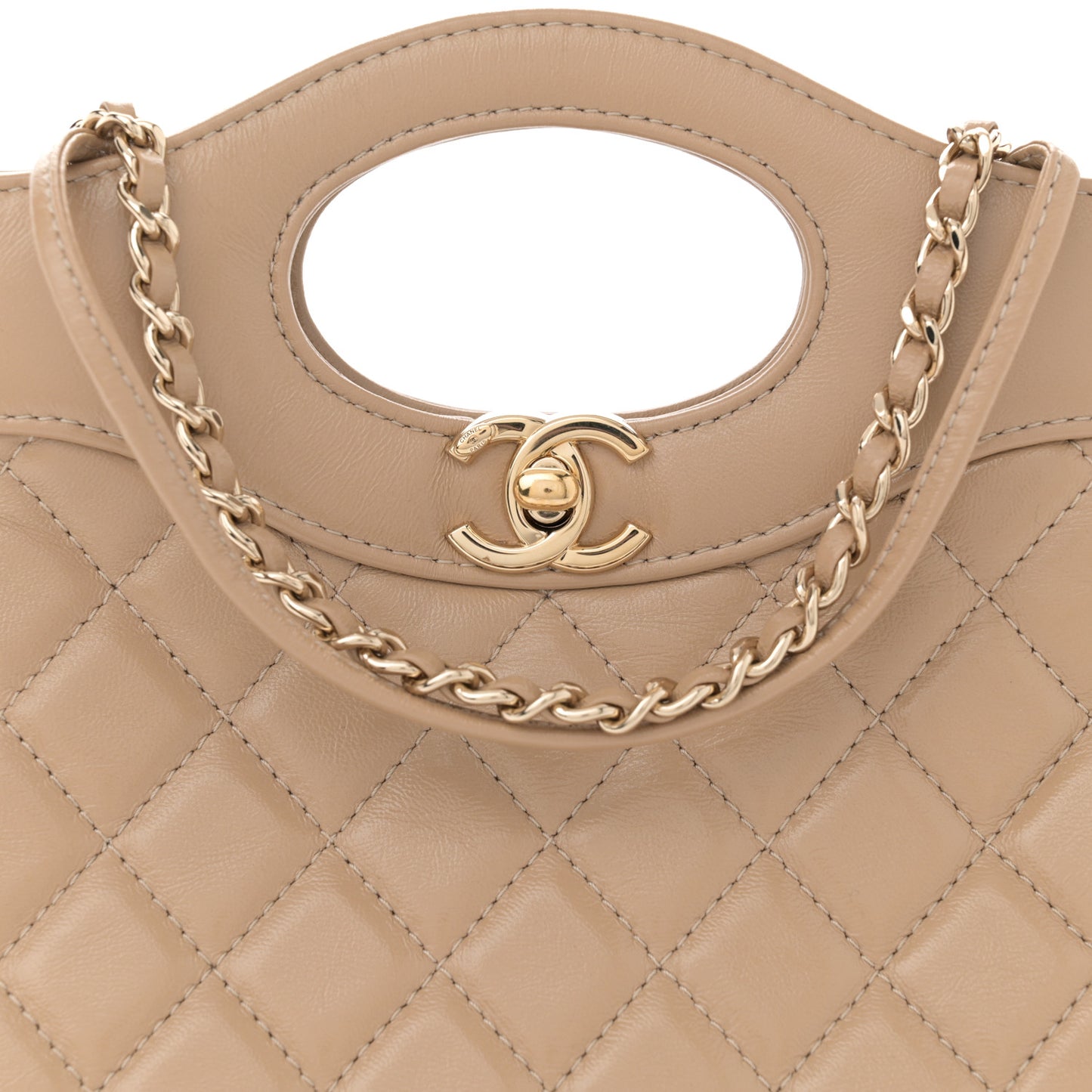 Shiny Crumpled Calfskin Quilted Mini 31 Shopping Bag Dark Beige