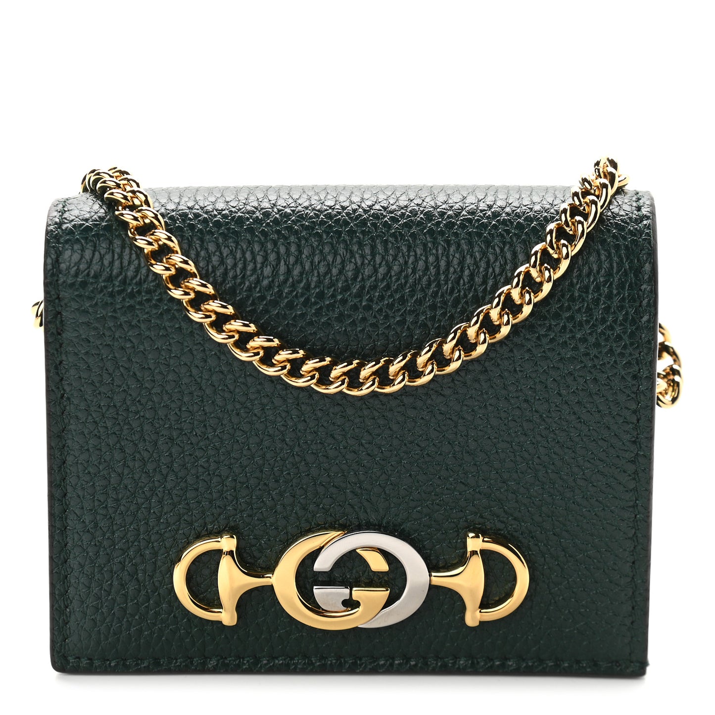 Grainy Calfskin Zumi Chain Card Case Wallet Vintage Green