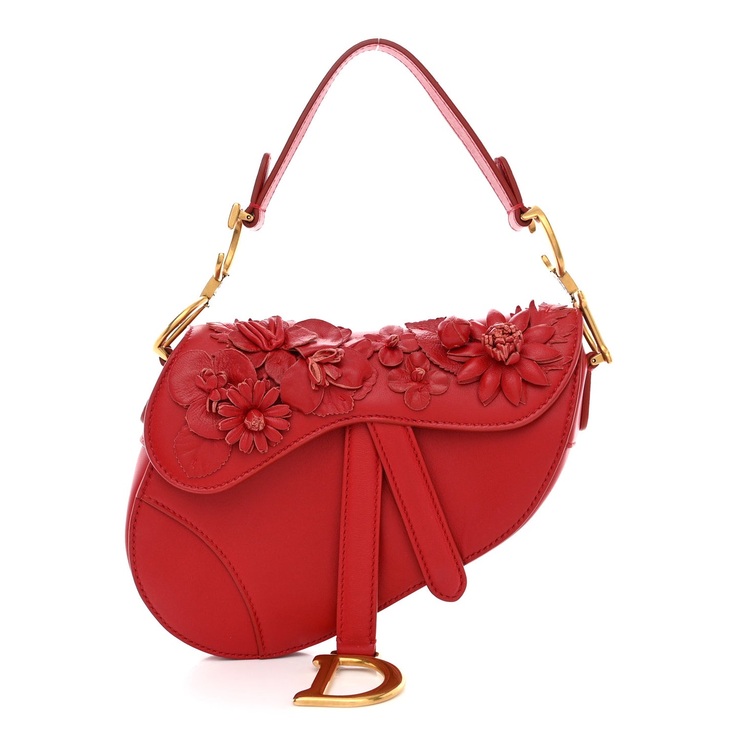 CHRISTIAN DIOR Lambskin Mini 3D Floral Saddle Bag Red
