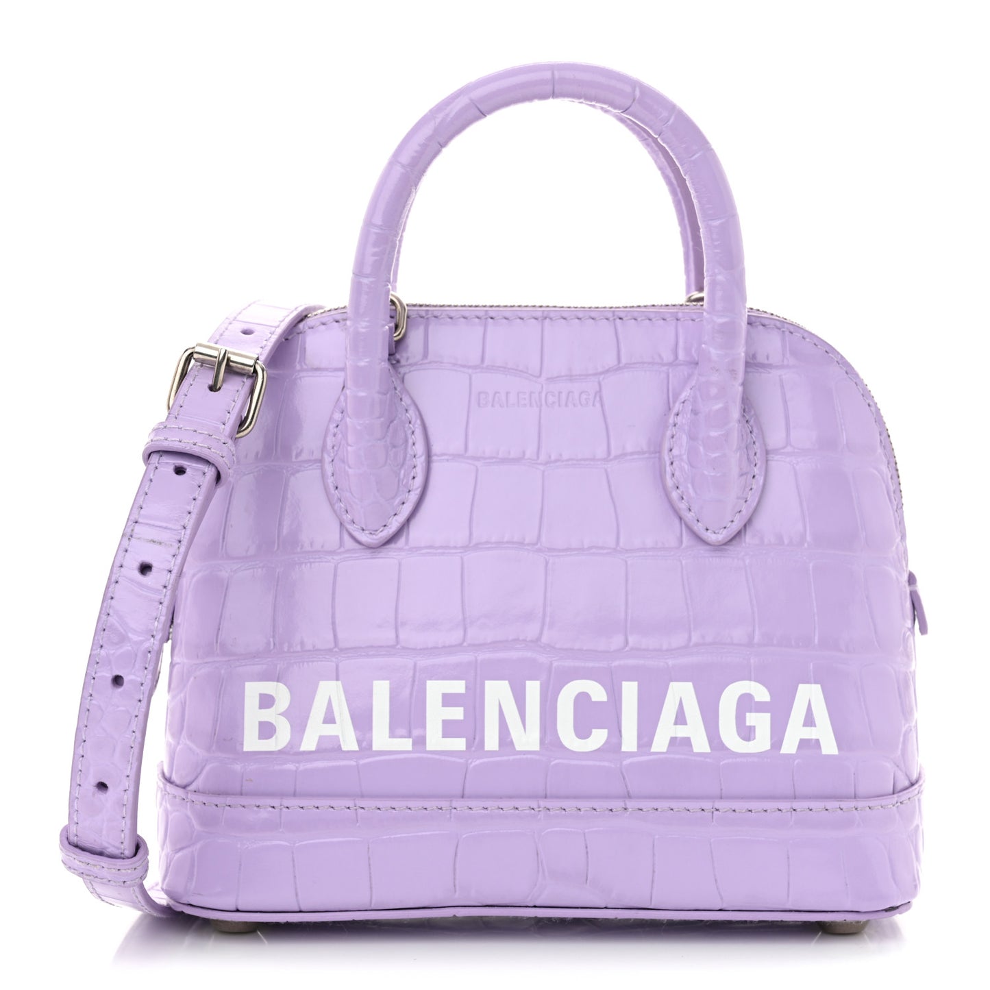 Shiny Calfskin Logo Crocodile Embossed XXS Ville Top Handle Bag Lilac White