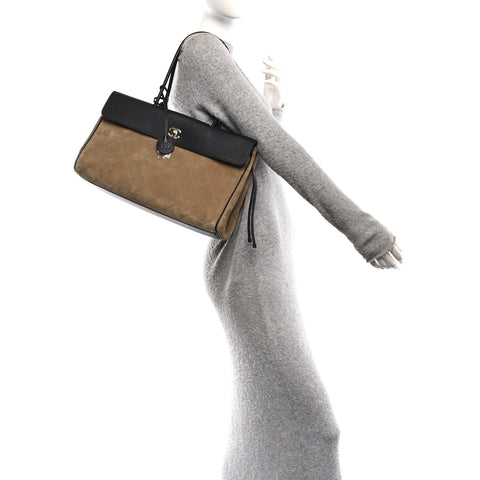 Grained Calfskin Suede Urban Essentials Shopping Bag Dark Beige Black