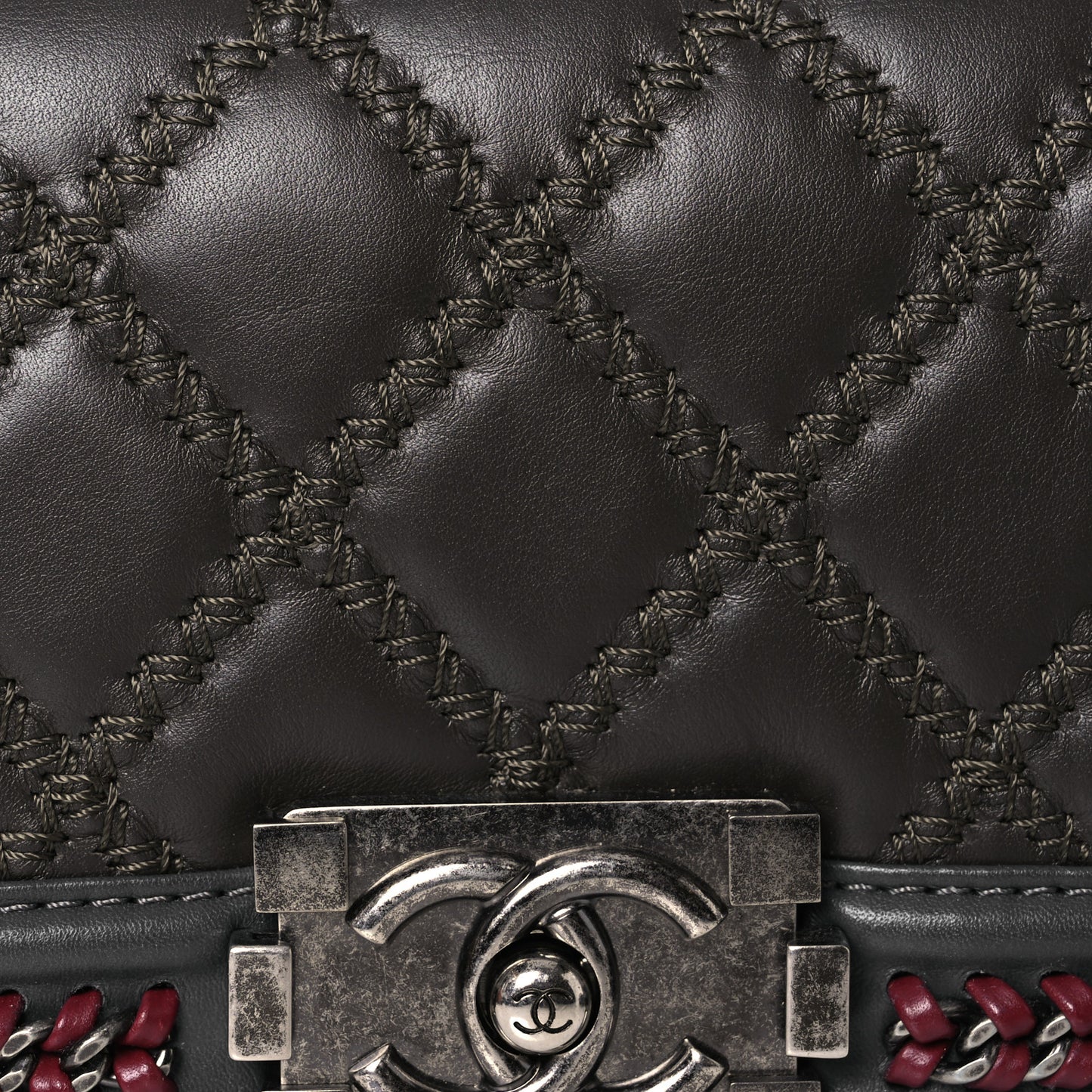 Calfskin Quilted Small Boy Top Handle Flap Grey Burgundy