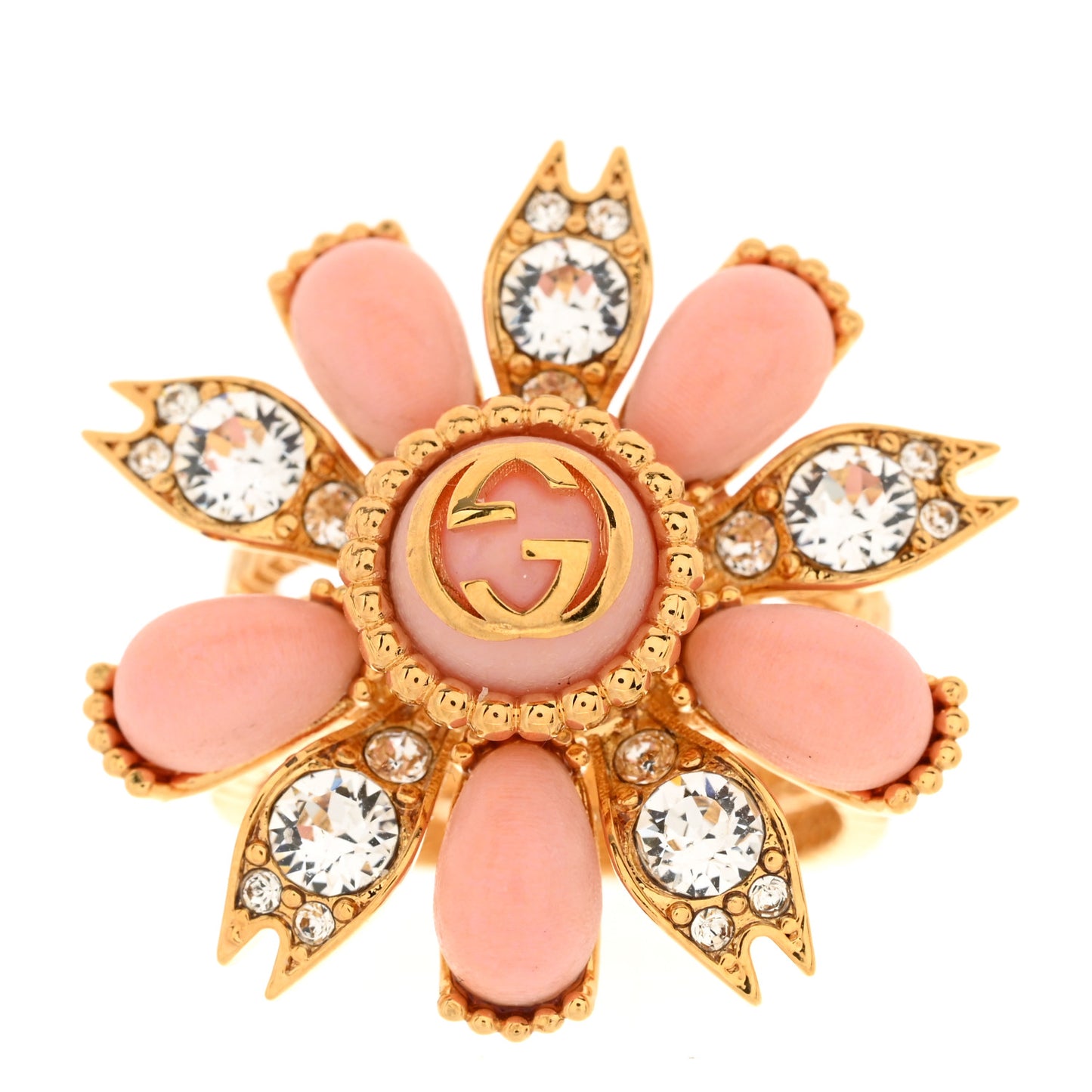 Metal Crystal Resin Interlocking G Flower Ring M Gold Pink