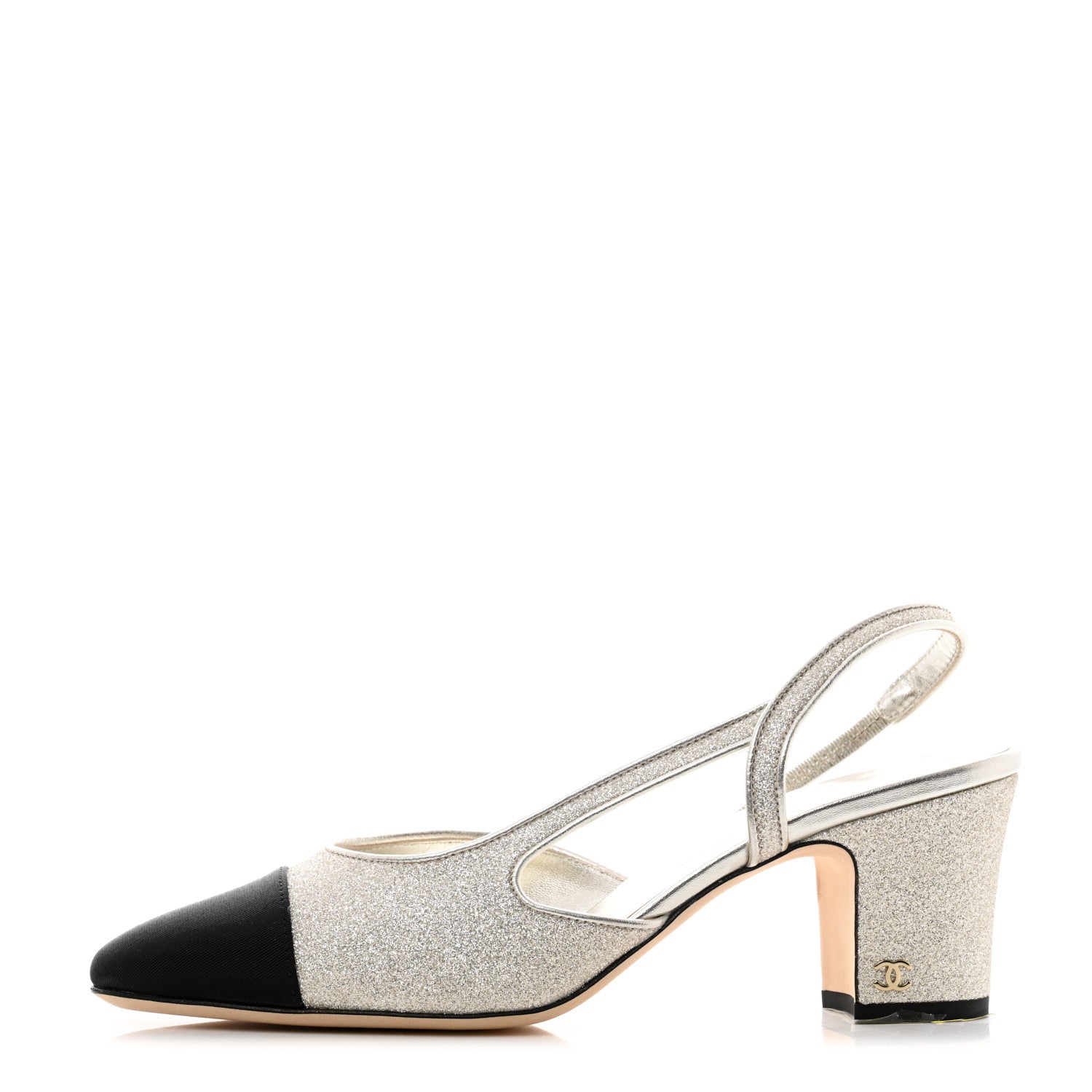 Chanel Glitter Grosgrain Cap Toe CC Slingback Pumps 39 Gold Black