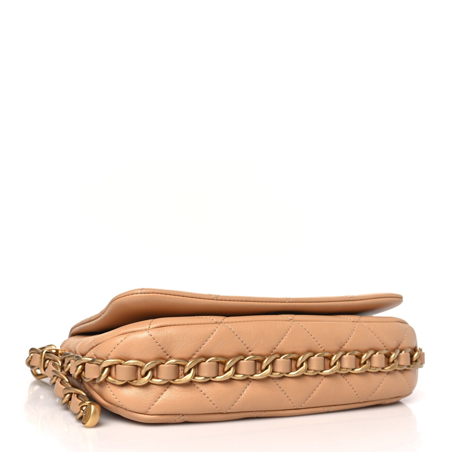 Shiny Lambskin Quilted Chain Around Flap Bag Beige