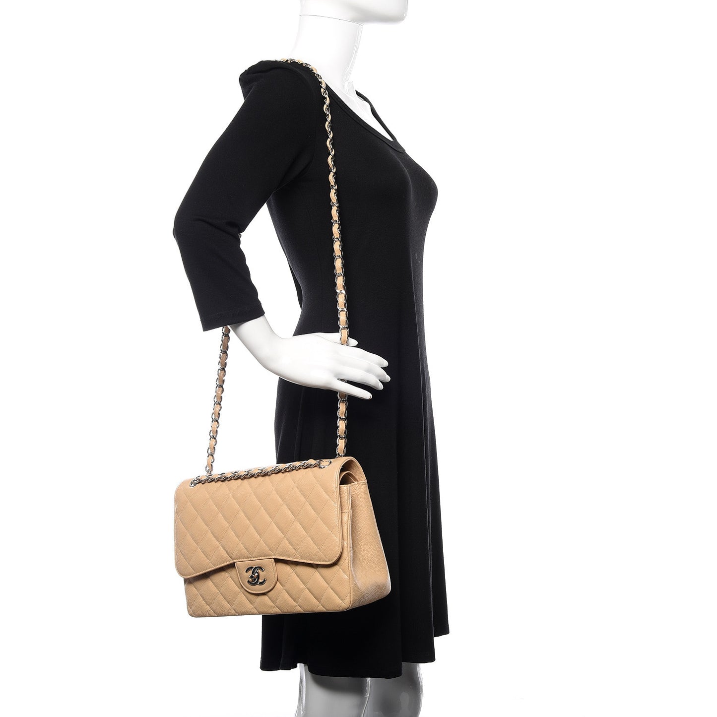 Caviar Quilted Jumbo Double Flap Beige