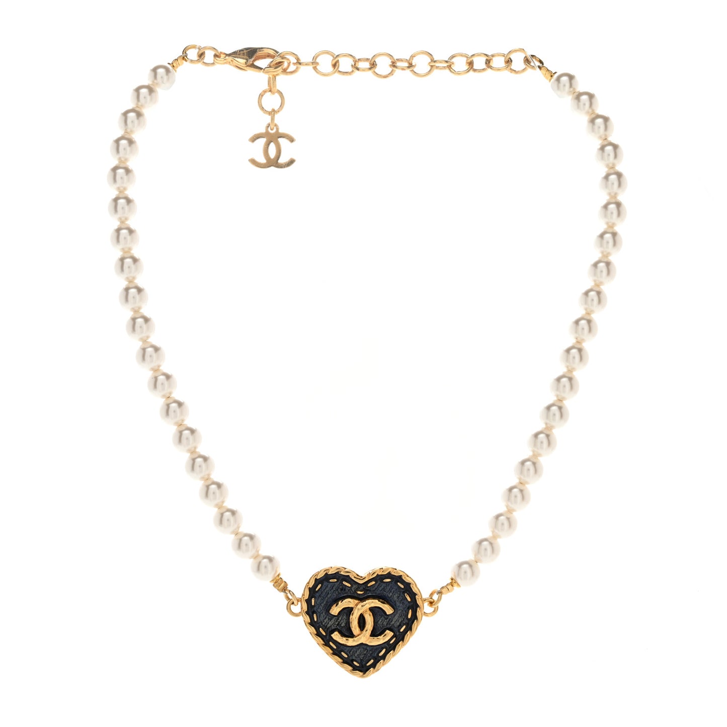 Metal Denim CC Heart Choker Gold Blue Pearly White