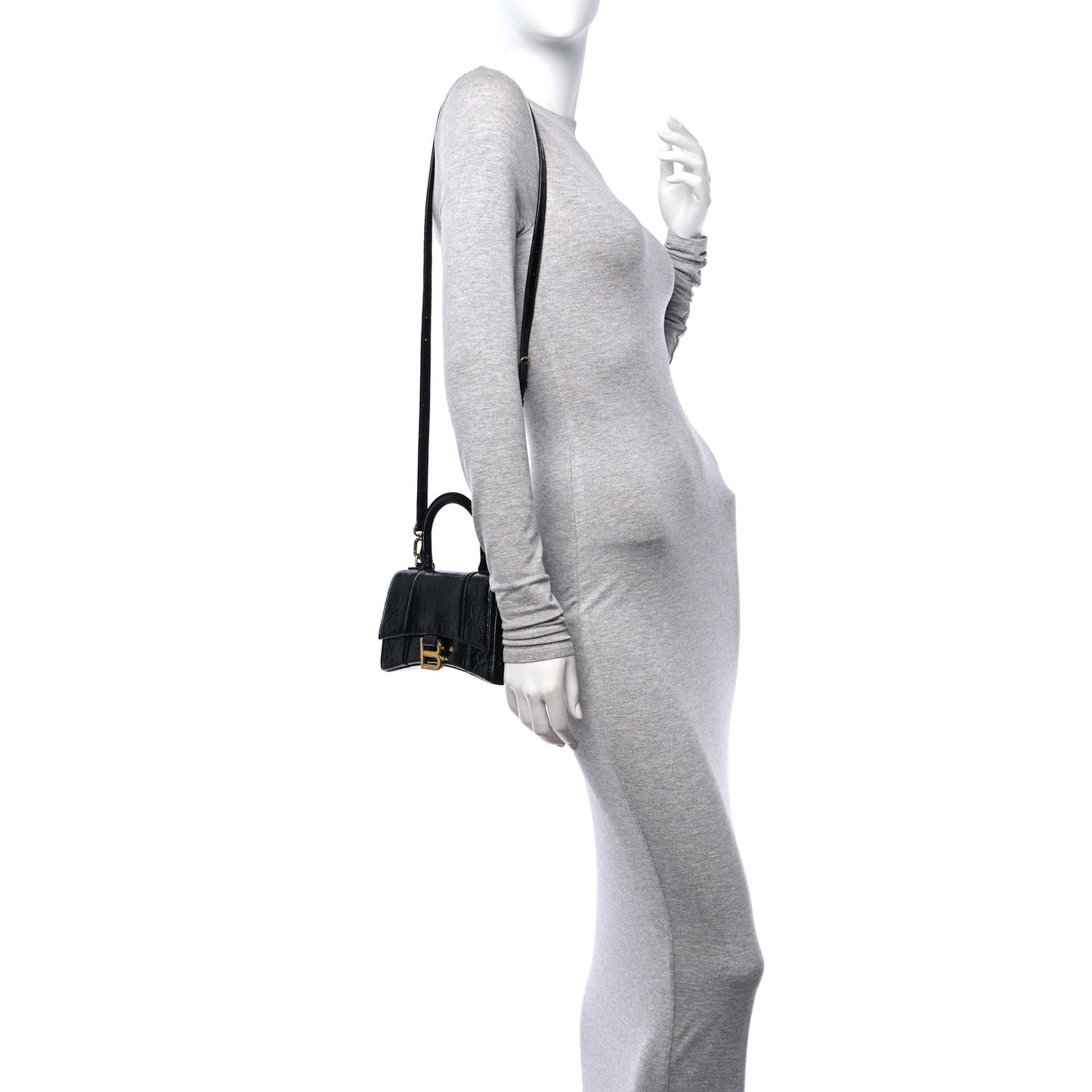 Shiny Calfskin Crocodile Embossed Hourglass Top Handle Bag XS Black