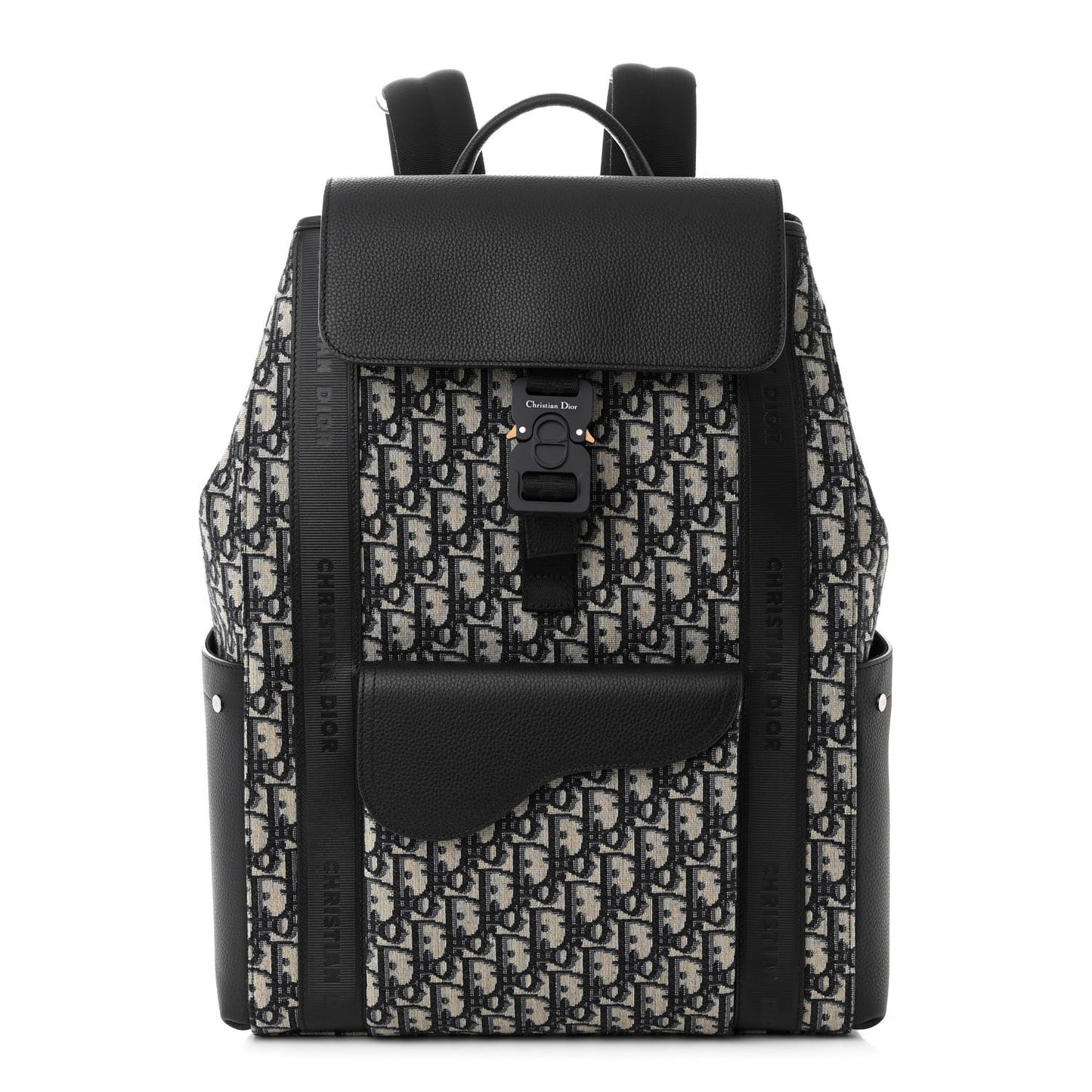 Oblique Jacquard Grained Calfskin Saddle Backpack With Flap Beige Black
