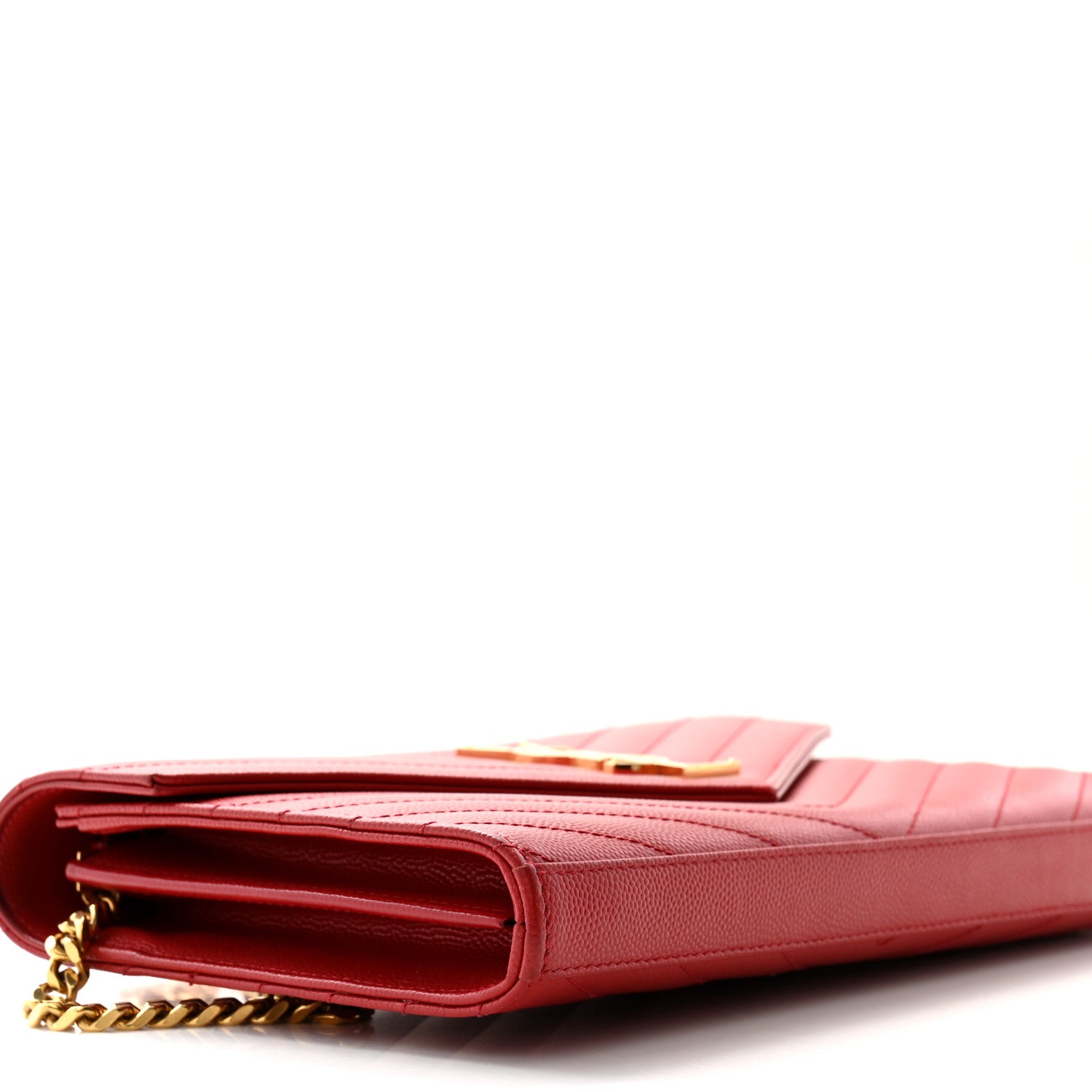 Saint Laurent Grain De Poudre Matelasse Chevron Monogram Chain Wallet Red 10 of 14