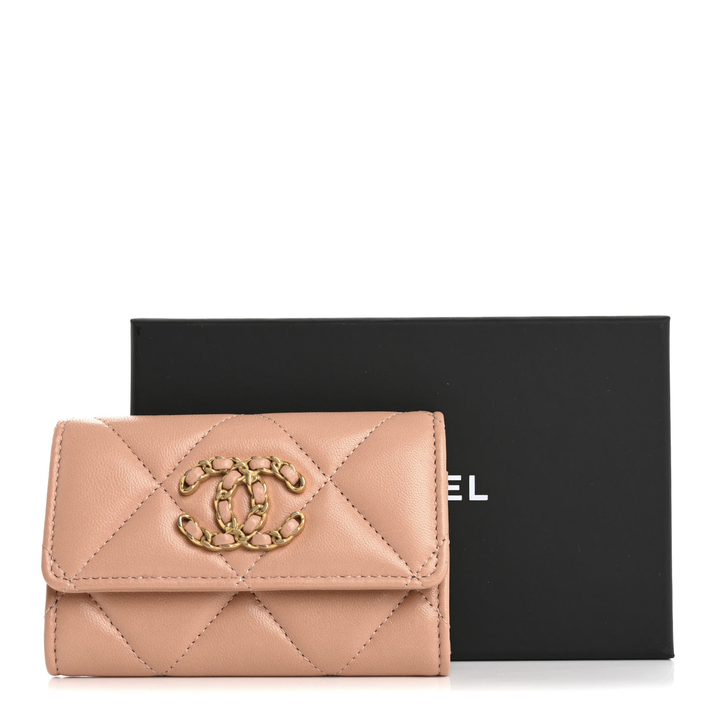 Lambskin Quilted Chanel 19 Flap Card Holder Beige
