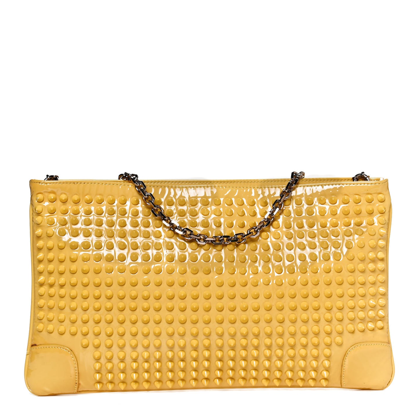Patent Calfskin Studded Loubiposh Chain Clutch Yellow