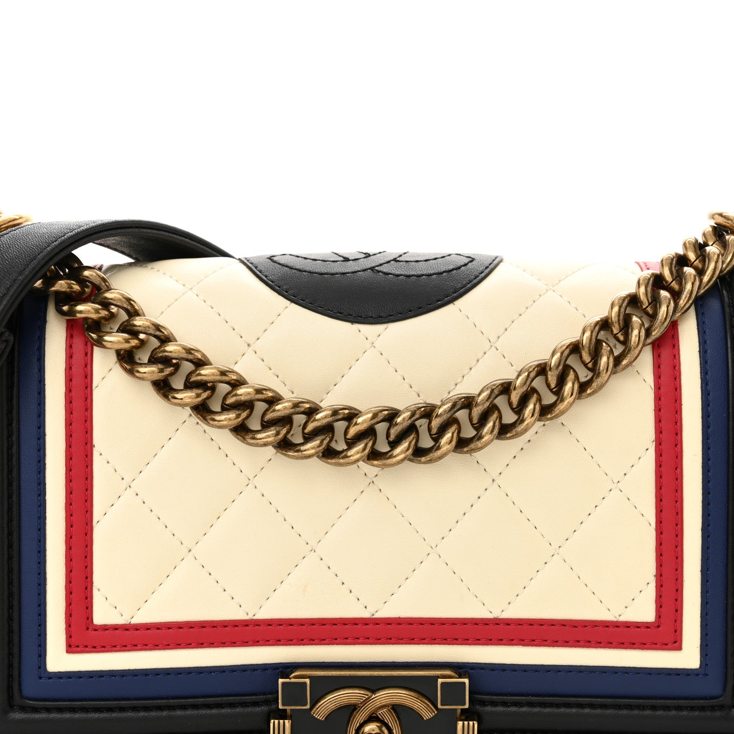 Chanel Lambskin Quilted Crest Embellished Medium Boy Flap Black White Blue 9 of 12