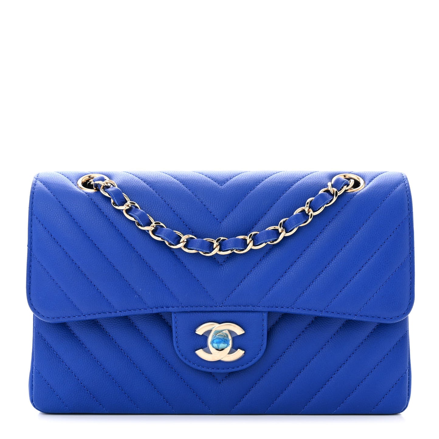 Caviar Chevron Quilted Small Double Flap Blue