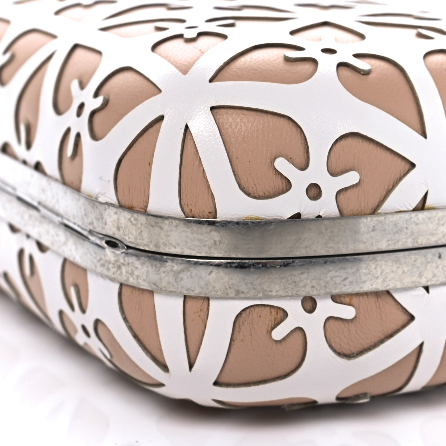Nappa Laser-Cut Skull Box Chain Clutch Nude White