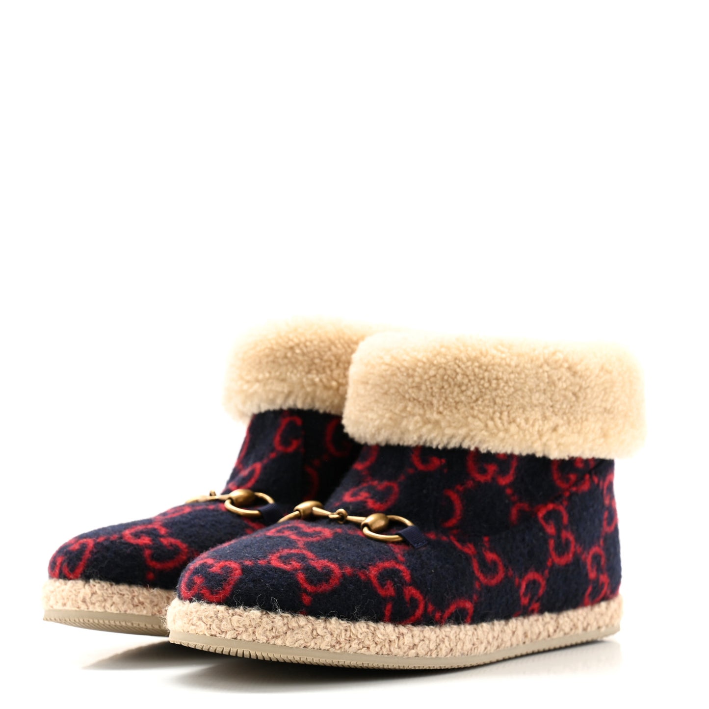 Covered Wool GG Monogram Womens Fria Horsebit Ankle Boots 35.5 Blue Red Butterscotch