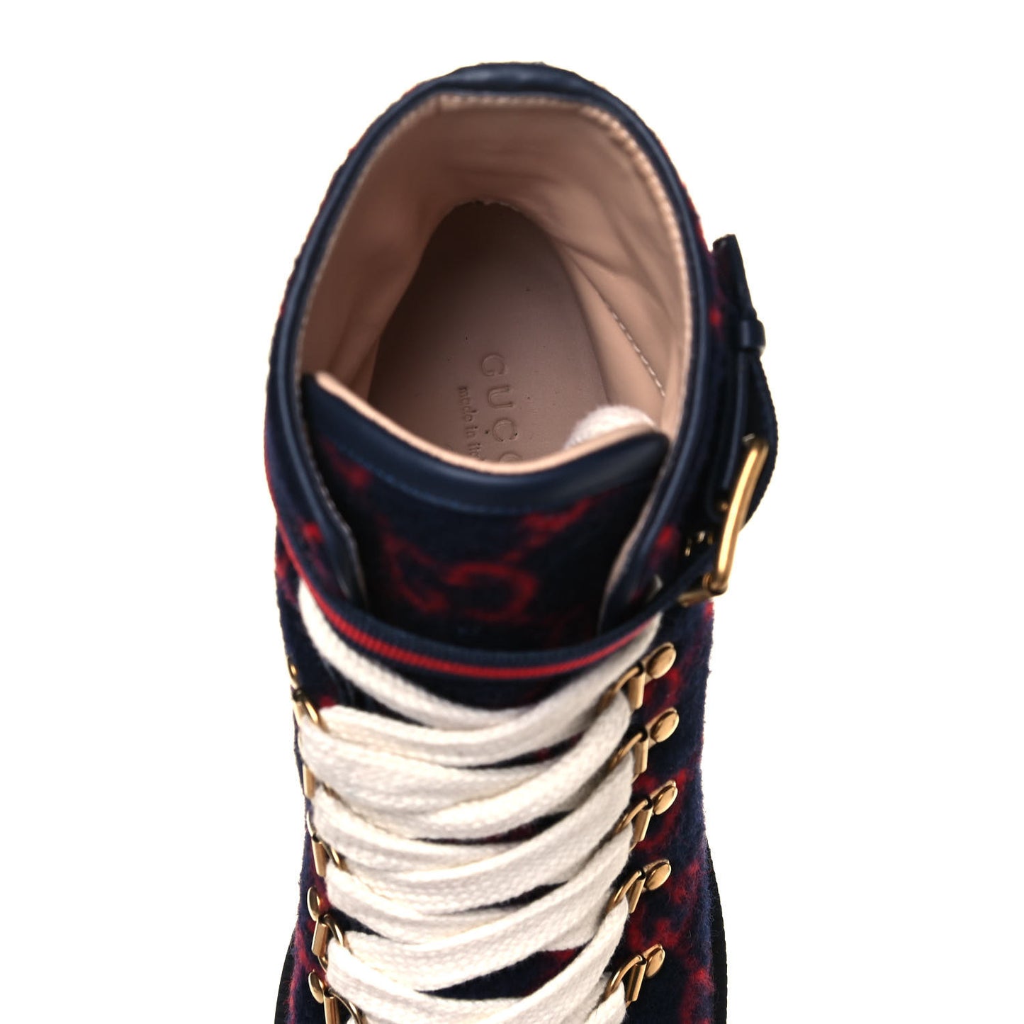 Covered Wool Big GG Monogram Womens Lace Up Combat Ankle Boots 38.5 Blue Red