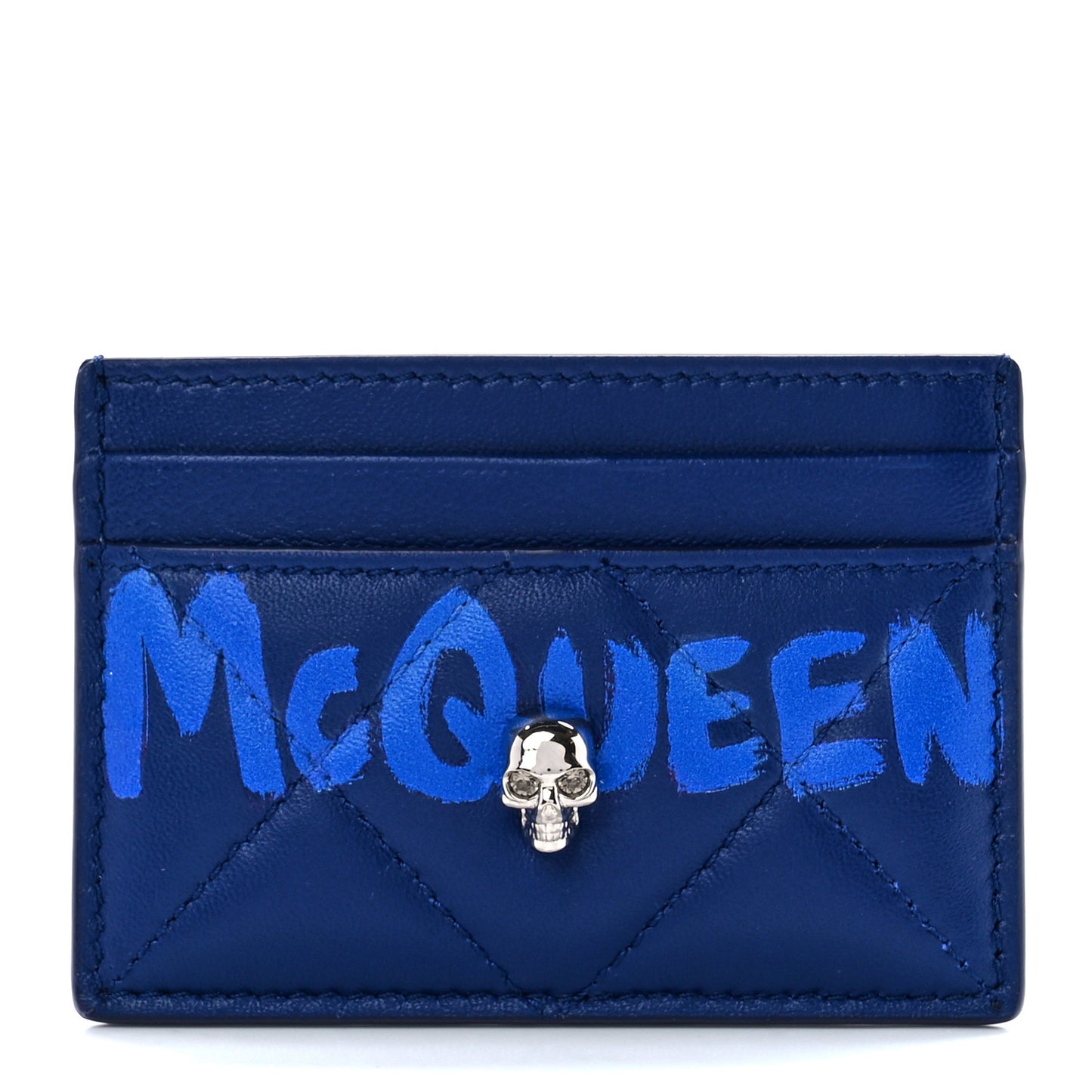 Lambskin Quilted Graffiti Skull Card Holder Blue