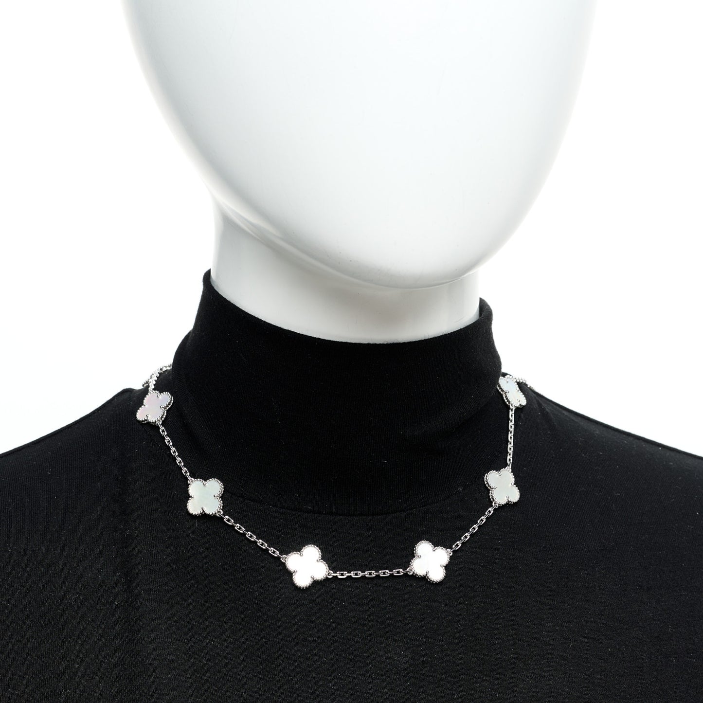 18K White Gold Mother of Pearl 10 Motifs Vintage Alhambra Necklace