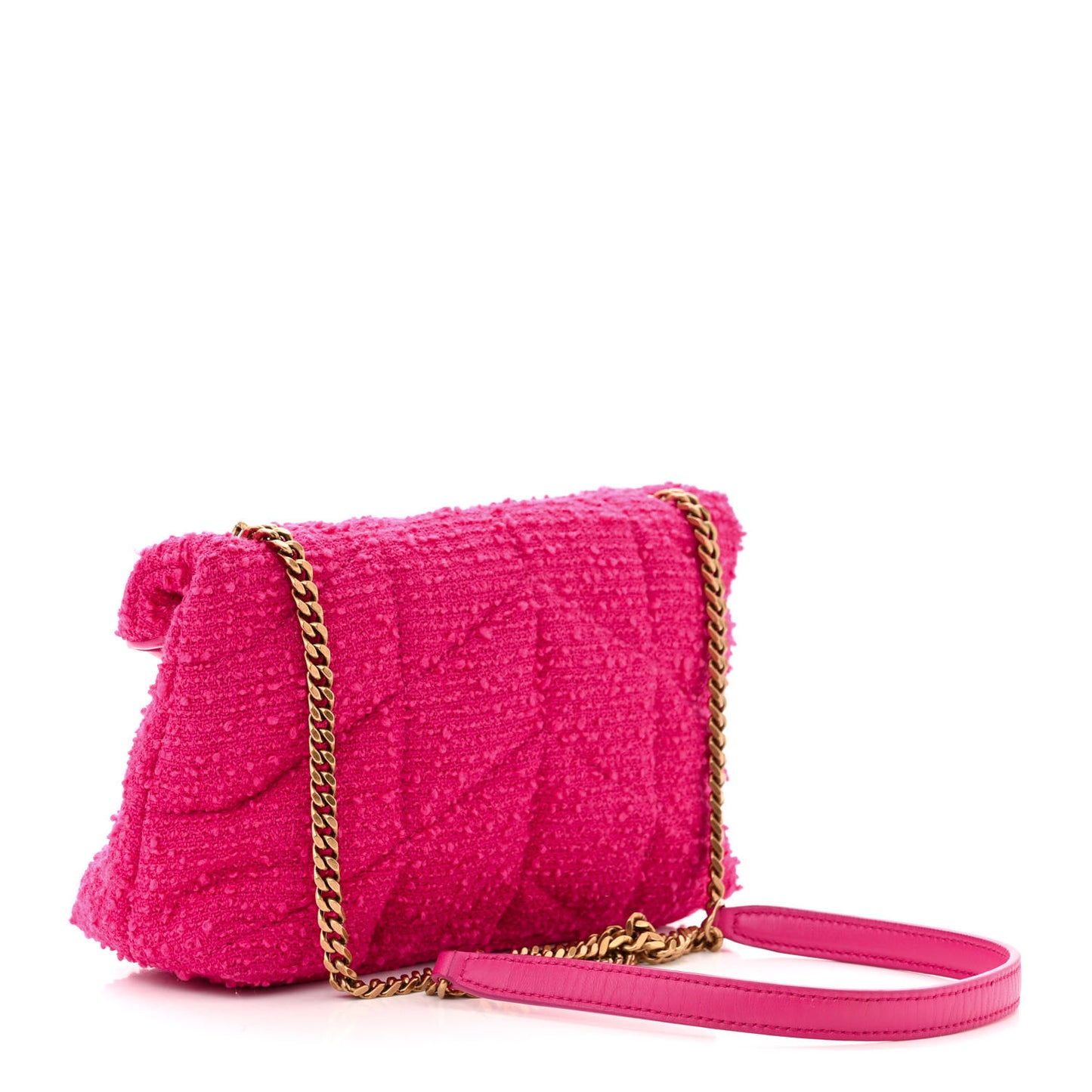 SAINT LAURENT Boucle Tweed Quilted Toy Loulou Puffer Monogram Chain Satchel Magenta