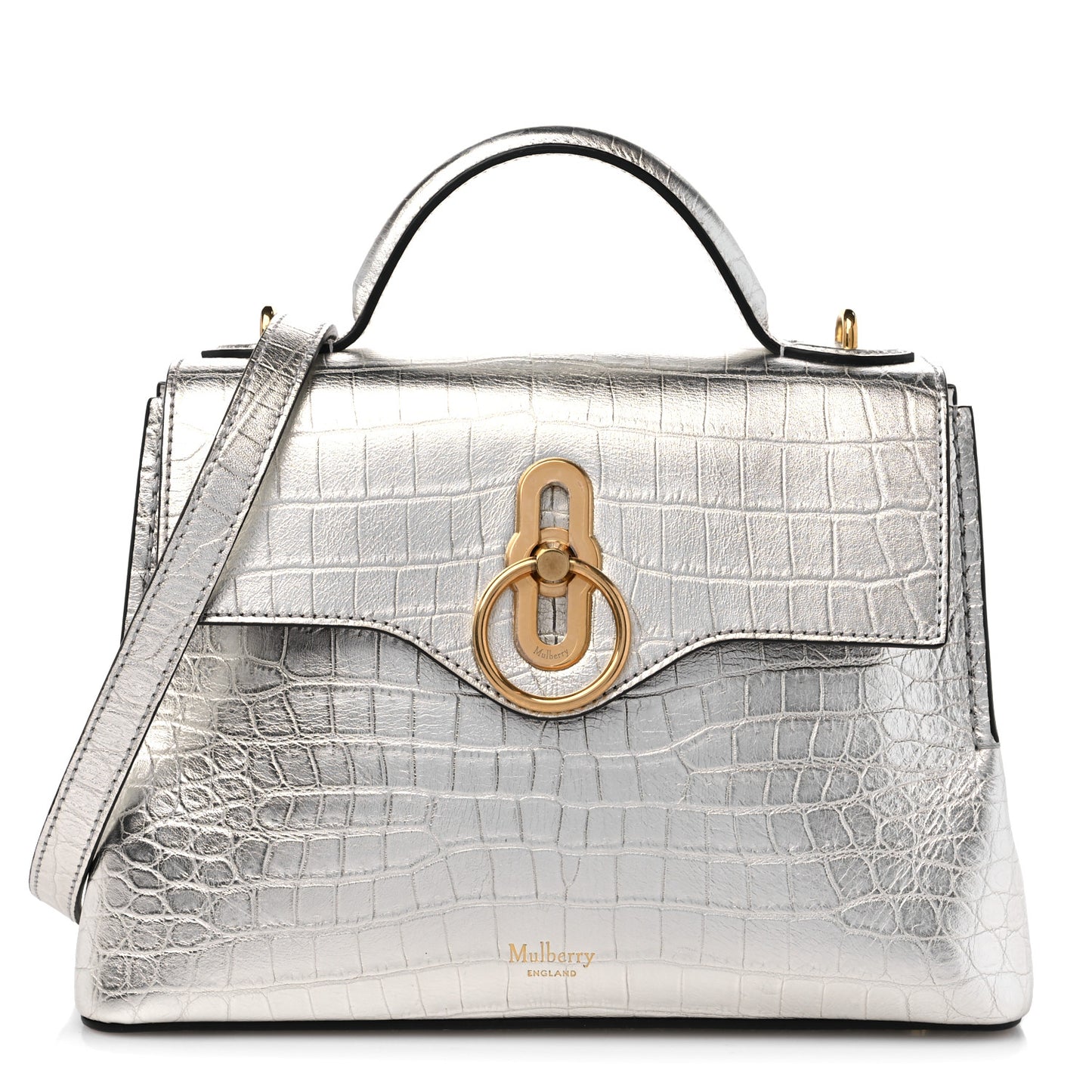 Metallic Calfskin Crocodile Embossed Mini Seaton Silver