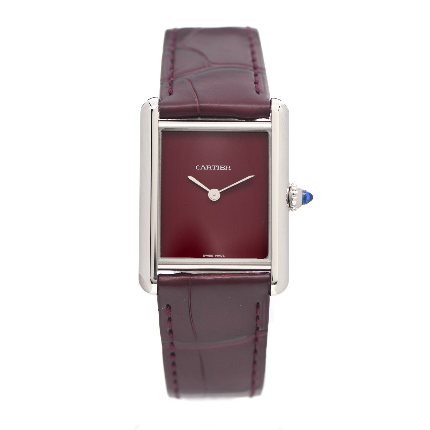 Stainless Steel Alligator 25mm Tank Must De Cartier Watch Burgundy