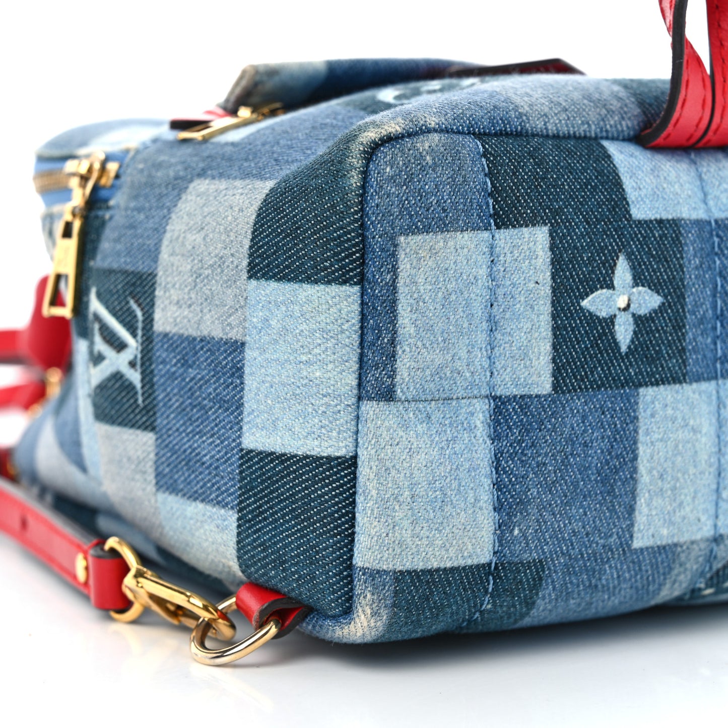 Denim Damier Monogram Patchwork Palm Springs Backpack Mini Blue Rouge