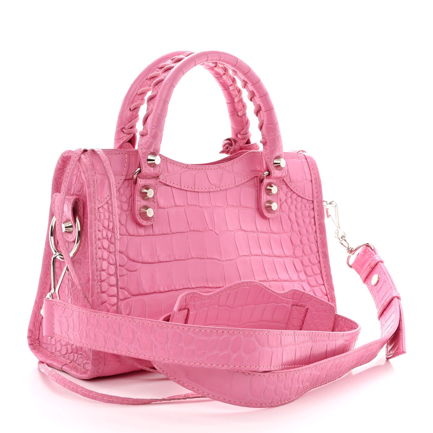 Shiny Supple Calfskin Crocodile Embossed Classic Silver Hardware Mini City Baby Pink