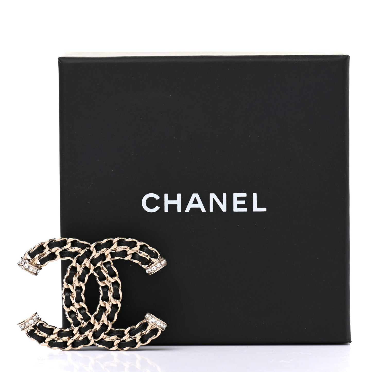 Lambskin Crystal CC Chain Brooch Black Gold