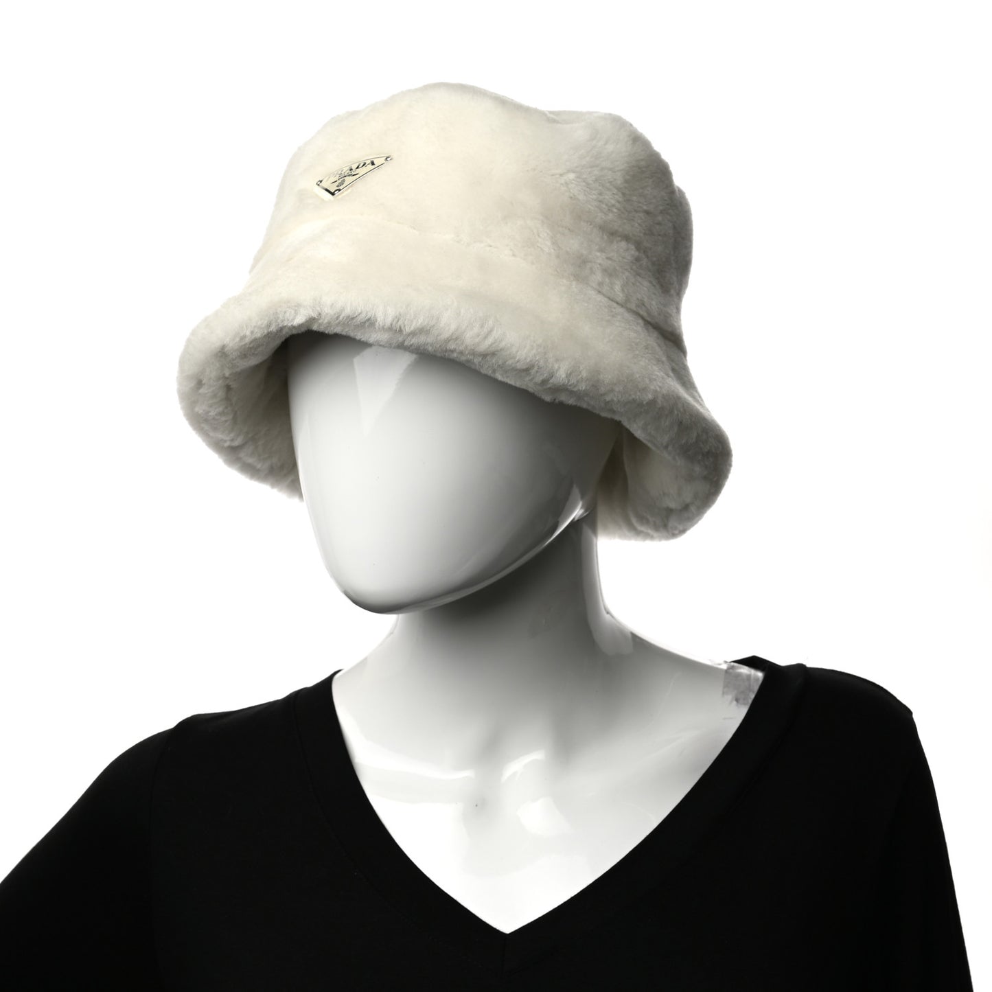 Shearling Metal Triangle Logo Womens Bucket Hat M White