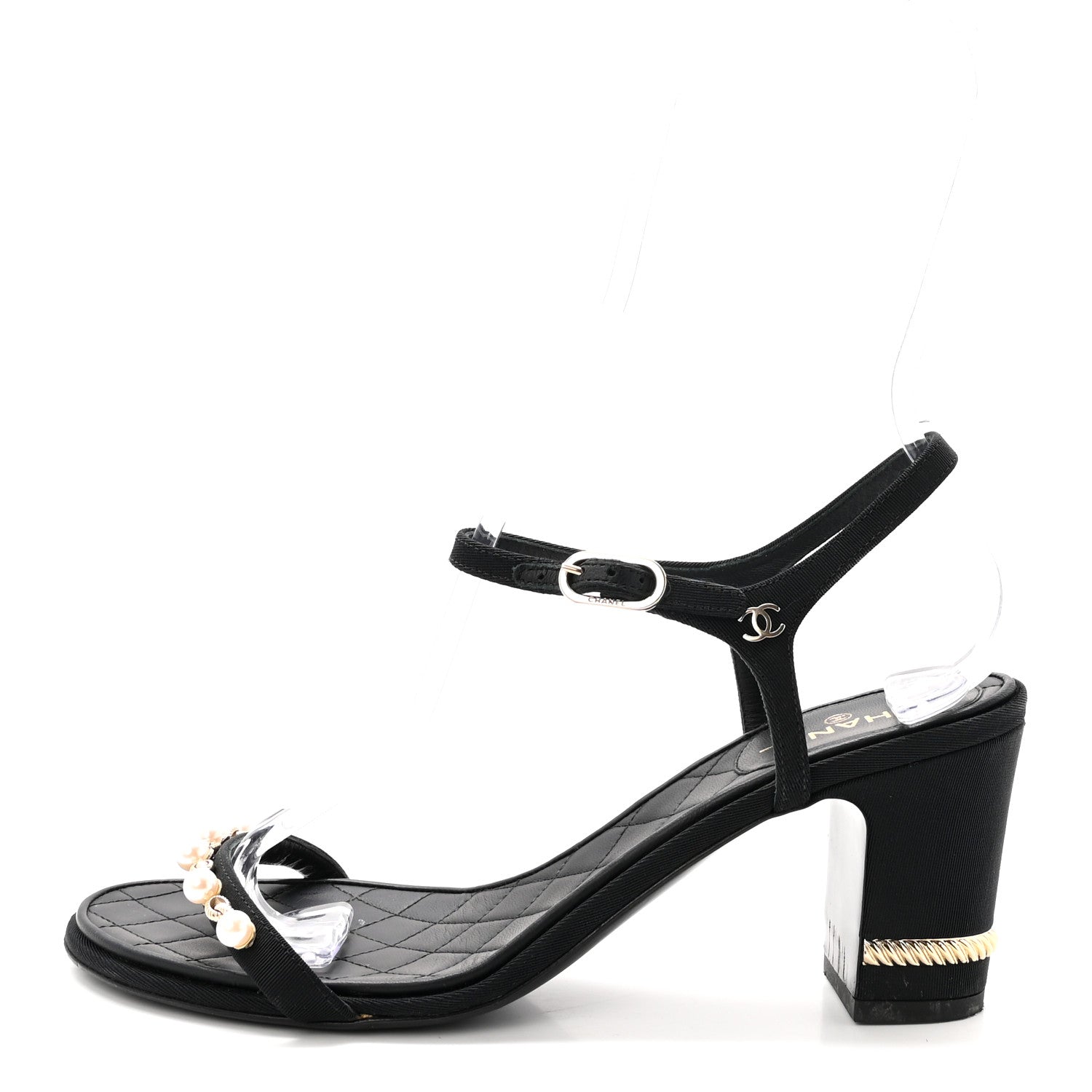 Chanel Grosgrain Pearl Chain CC Sandals 37.5 Black 1894423