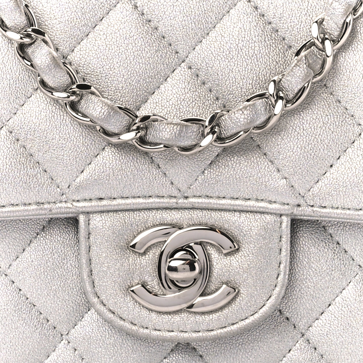 Metallic Lambskin Quilted Mini Square Flap Silver