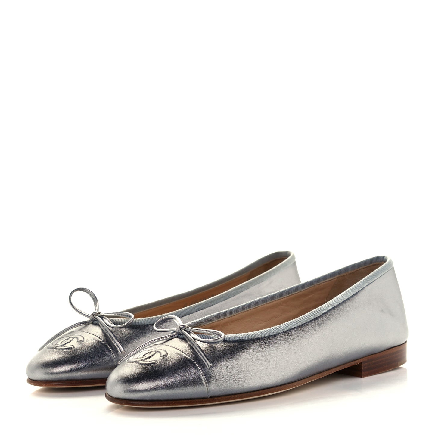 Metallic Lambskin CC Cap Toe Ballerina Flats 37 Silver