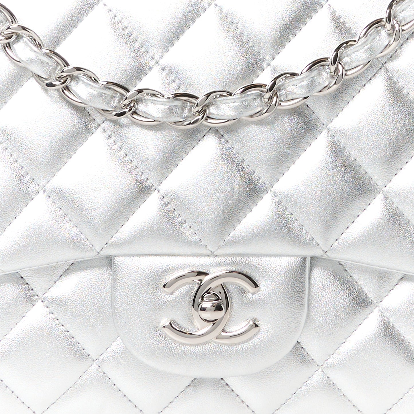 Metallic Lambskin Quilted Maxi Single Flap Silver