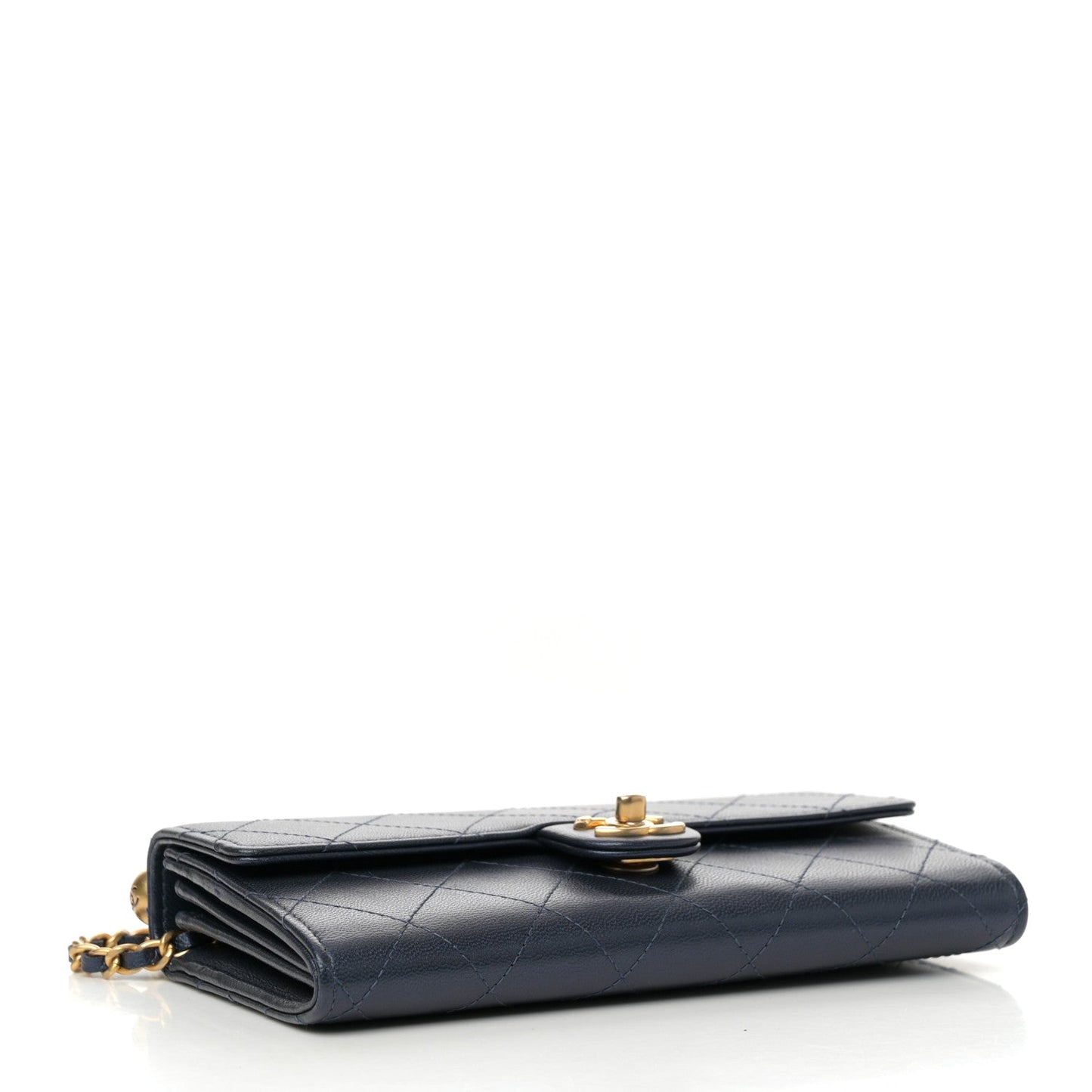 Goatskin Quilted Chic Pearls Clutch With Chain Navy
