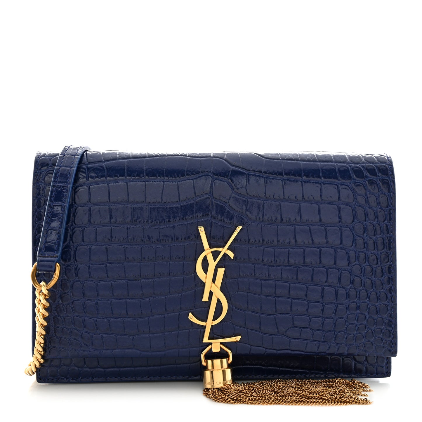 Calfskin Crocodile Embossed Kate Monogram Tassel Chain Wallet Royal Blue