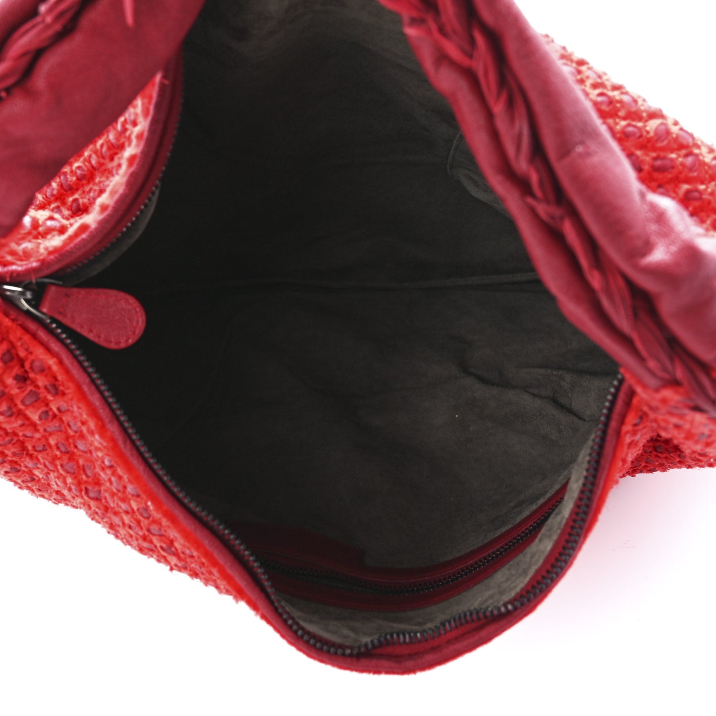 Nappa Fabric Intrecciato Large Distressed Fringe Veneta Hobo Red