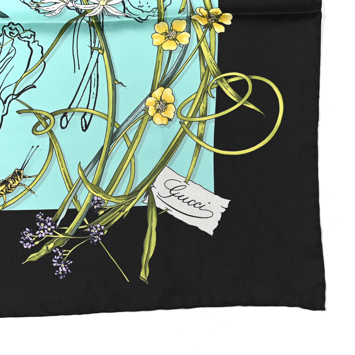 Gucci Silk Twill Flora Infinity Chrissy Square Scarf Turquoise Blue Black 2 of 5
