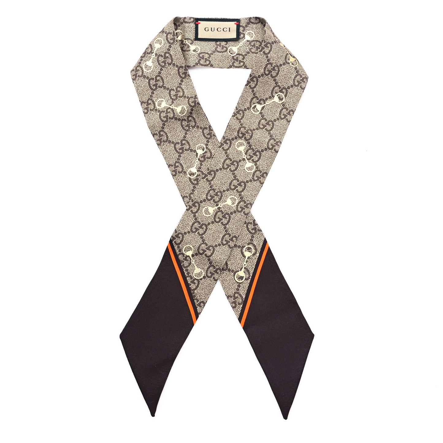 Silk Twill GG Monogram Gold Horsebity Neck Bow Scarf Brown Orange