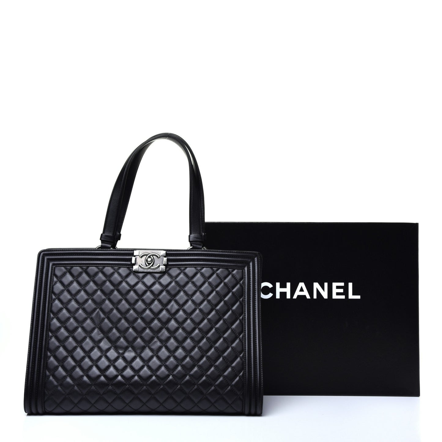Calfskin Quilted Boy Shopping Tote Black