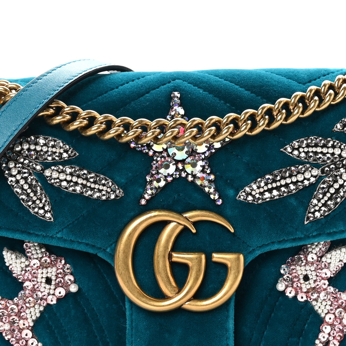 Velvet Matelasse Embroidered Small GG Marmont Shoulder Bag Pavone Cyan