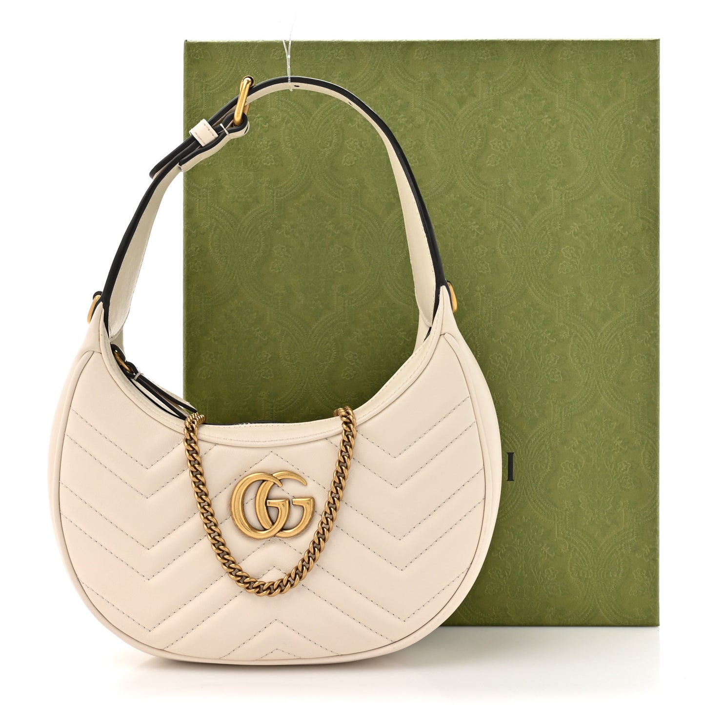 Calfskin Matelasse Chevron Mini GG Marmont Half Moon Hobo Mystic White