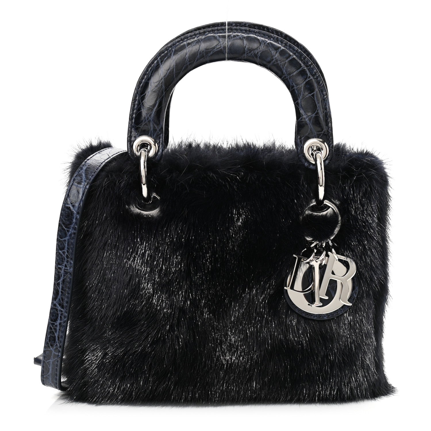 Christian Dior Mink Fur Crocodile Mini Lady Dior Navy Blue 1148510