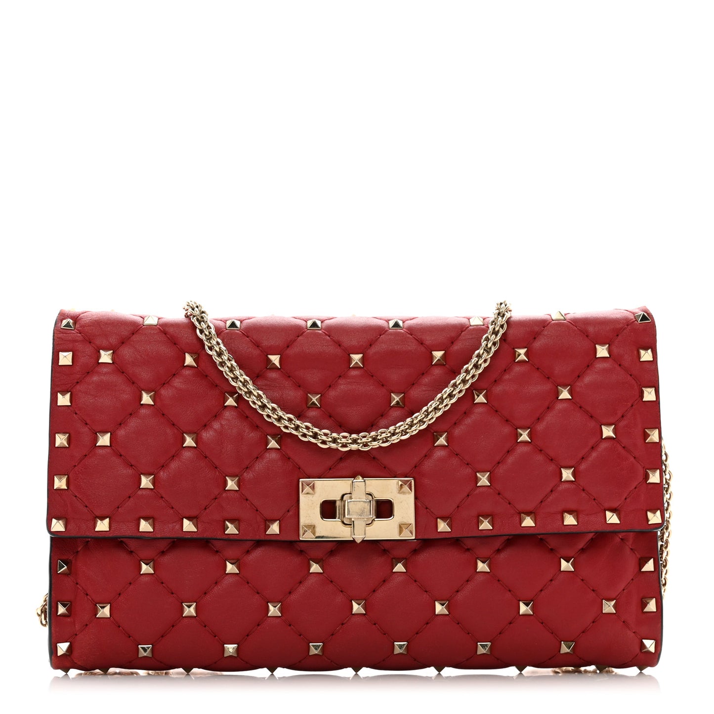 Lambskin Rockstud Spike Wallet on Chain Red