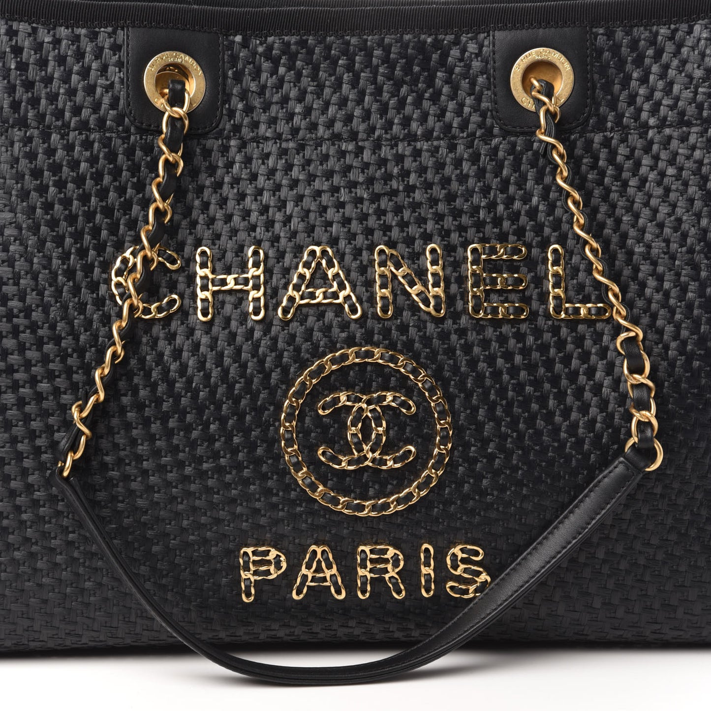 Woven Straw Raffia Small Deauville Tote Black